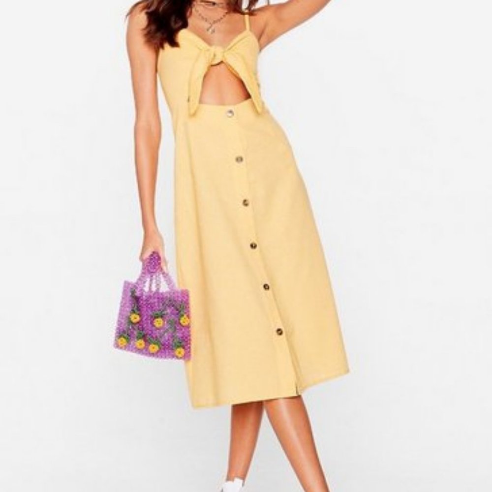 Nasty Gal Mustard Cut Out Tie Front Dress Button